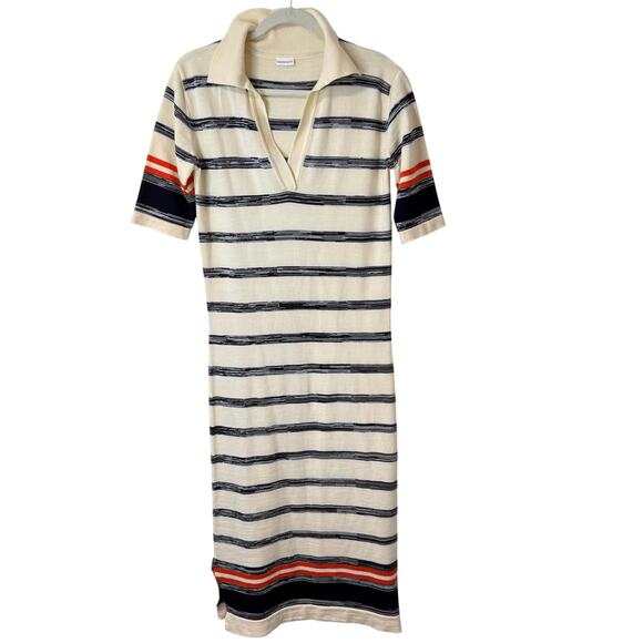 Celtic & Co Women's Sweater Dress Polo Maxi Wool Stripe Medium Cream Navy - Picture 2 of 10